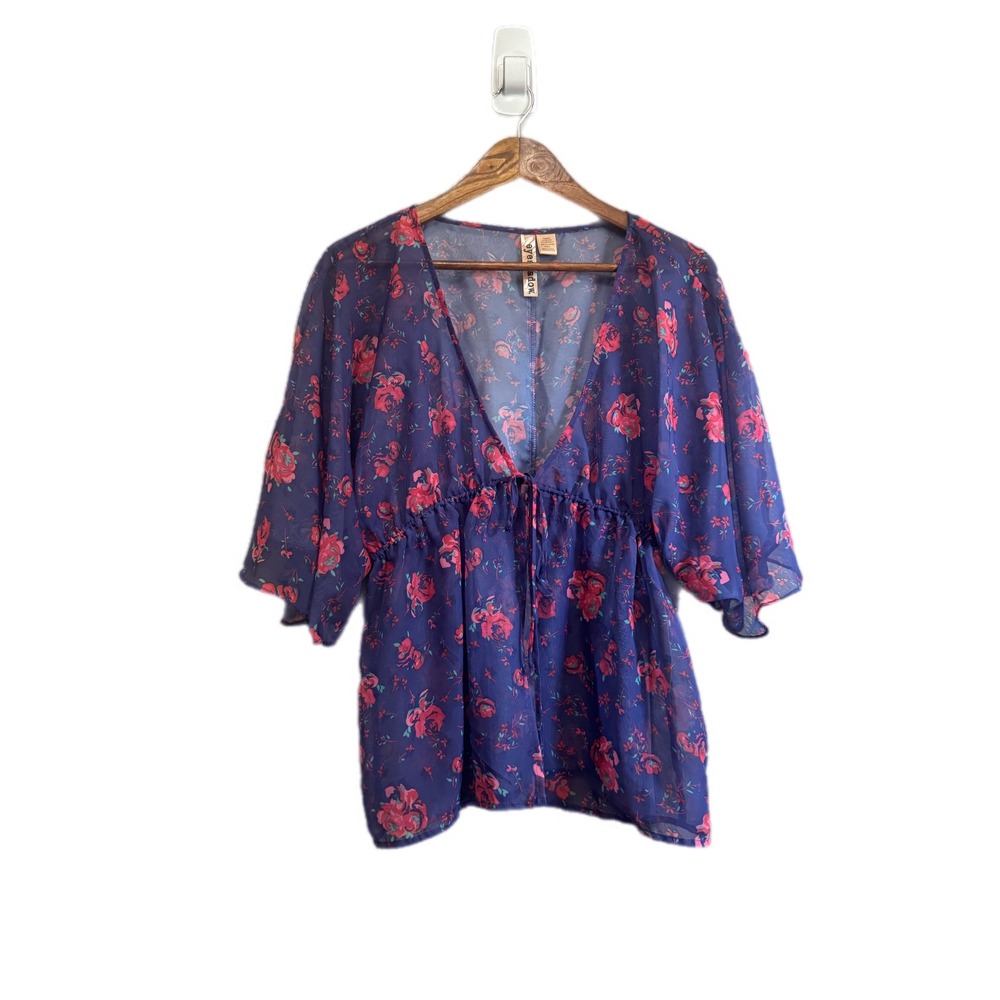 Eyeshadow Floral Blouse Womens Large Navy Pink NWT Sheer‎ Peplum Tie Front
